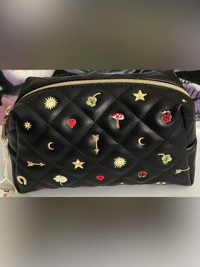 Fable England Black Quilted Celestial Embroidered Pouch/Cosmetic Bag